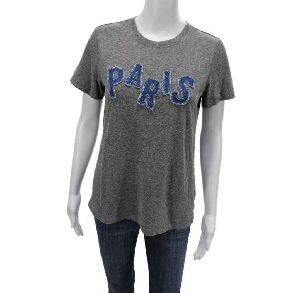 Cinq A Sept Women Gray Graphic Crew Neck Cotton Short Sleeve T-Shirt Size XS